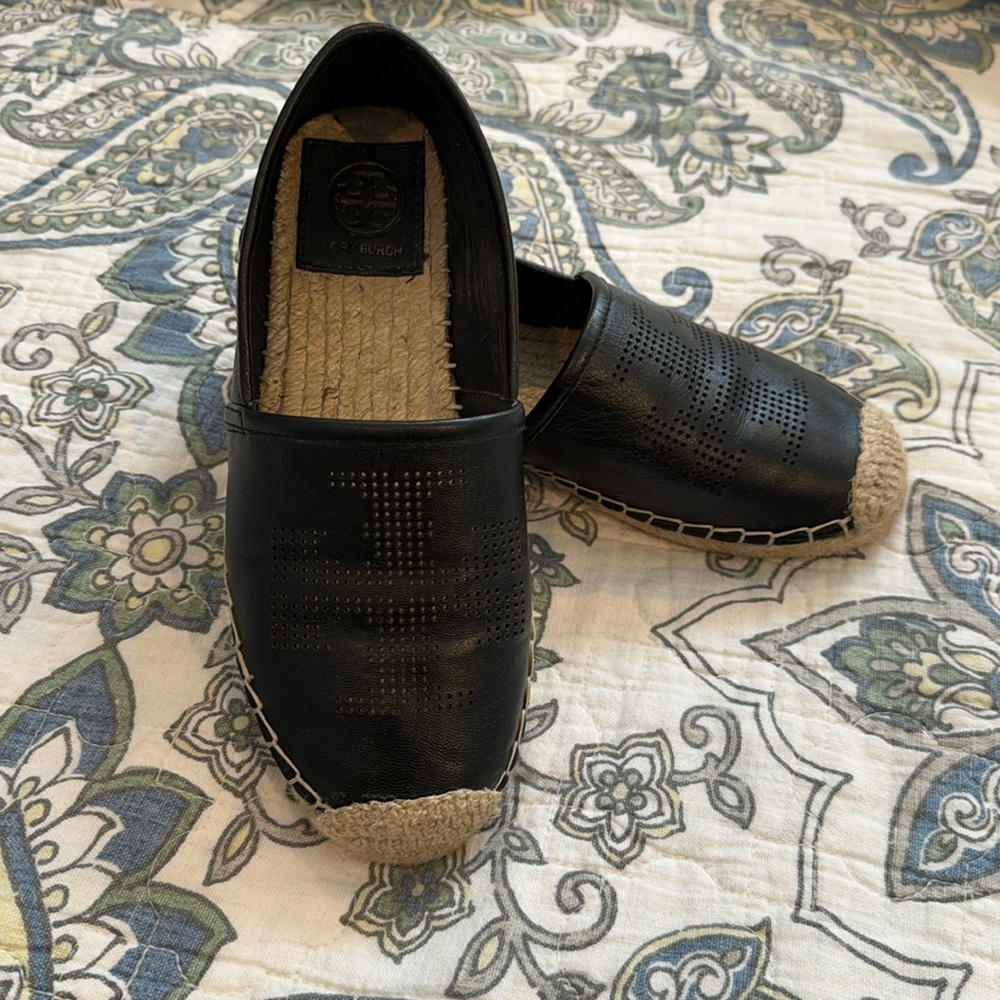 Tory Burch Perforated Leather Logo Espadrilles Flats